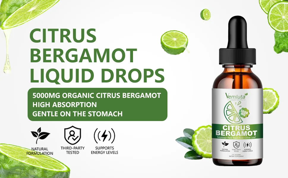 Vemluta Citrus Bergamot Liquid Drops 5000mg Cholesterol Lowering Supplement Liquid-Heart & Immune Support - 2 Packs 2 FL.OZ. - Citrus Bergamot Liquid Drops-2X Absorption