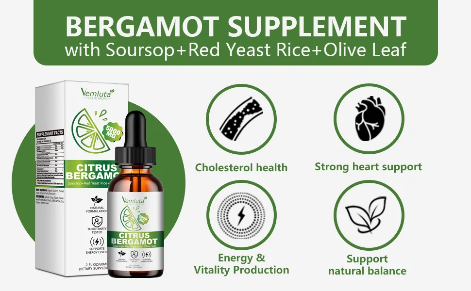 Vemluta Citrus Bergamot Liquid Drops 5000mg Cholesterol Lowering Supplement Liquid-Heart & Immune Support - 2 Packs 2 FL.OZ. - Citrus Bergamot Liquid Drops-2X Absorption