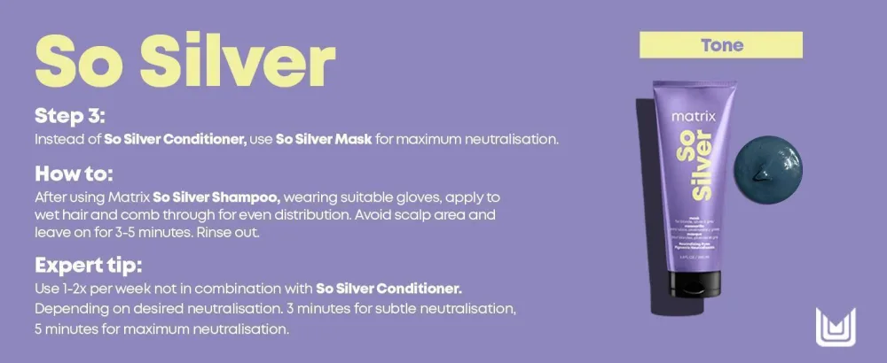 Matrix So Silver Hair Shampoo For Blondes Greys and Silvers Tones - 300 ML - Text reads "So Silver", "Step 3:", "How to:", "Expert tip:", and product instructions for silver conditioner. Purple background with silver conditioner tube and dark container displayed on right side with tone indicator label.
