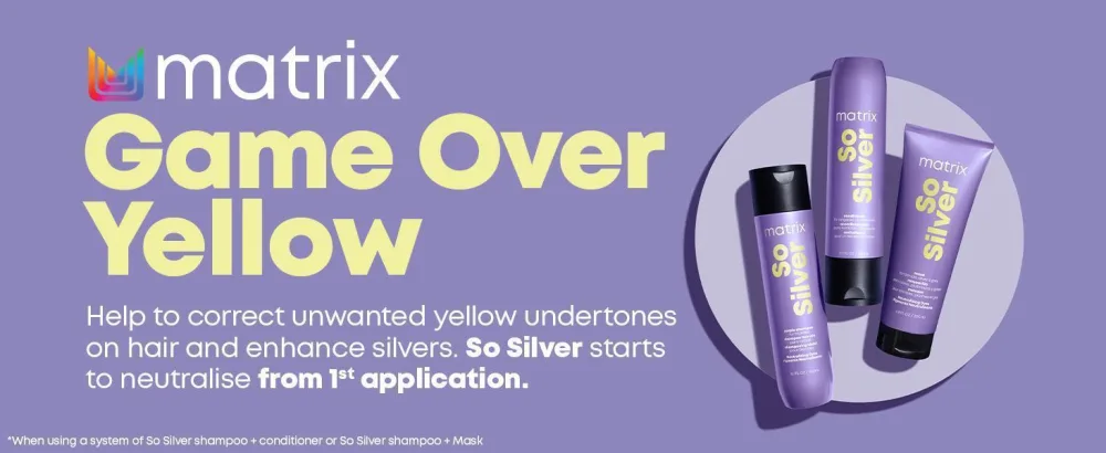 Matrix So Silver Hair Shampoo For Blondes Greys and Silvers Tones - 300 ML - Text reads 'matrix Game Over Yellow'. Purple hair toner product packaging showing three cylindrical bottles with purple labels against gradient background.