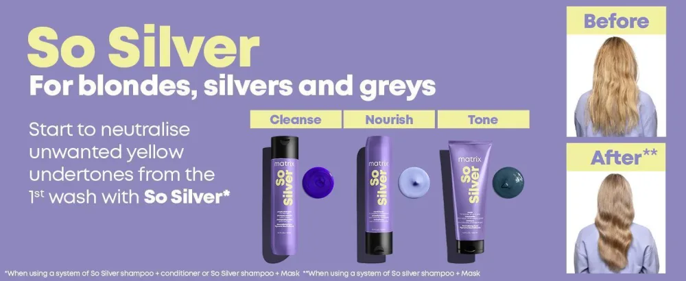 Matrix So Silver Hair Shampoo For Blondes Greys and Silvers Tones - 300 ML - Text reads 'So Silver For blondes, silvers and grays' with product bottles displayed and before/after hair color transformation photos shown on right side.