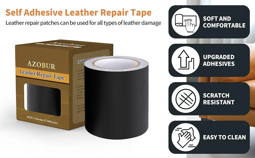 Azobur Leather Repair Tape Patch Leather Adhesive for Sofas  Car Seats  Handbags  Jackets First Aid Patch 2.4 X15' (Black) Black 2.4''x15' - product information 3