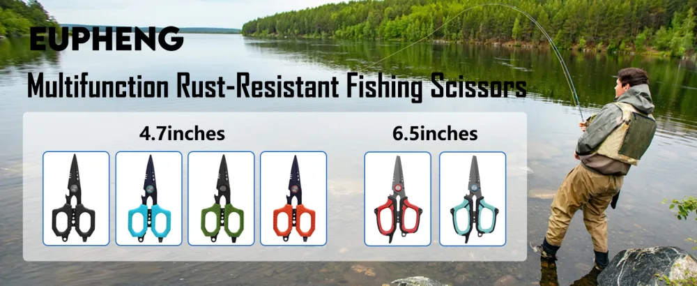 Eupheng Pro Multifunction Fishing Scissors for Braided Line Mono Fluorocarbon wire lines - 6.5in Blue Scissors - scissors
