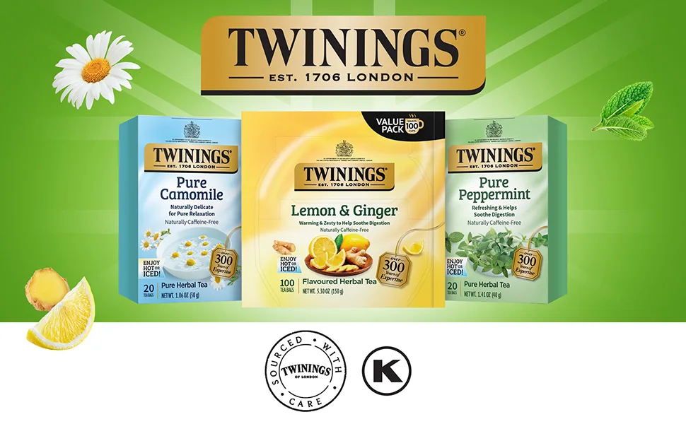 Twinings Lemon & Ginger Herbal Tea Individually Wrapped Bags - Naturally Caffeine-Free - 100 Teabags - Twinings