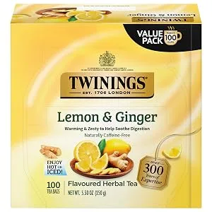 Twinings Lemon & Ginger Herbal Tea Individually Wrapped Bags - Naturally Caffeine-Free - 100 Teabags - twinings