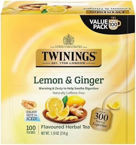 Twinings Lemon & Ginger Herbal Tea Individually Wrapped Bags - Naturally Caffeine-Free - 100 Teabags - Twinings Lemon & Ginger Herbal Tea Individually Wrapped Bags, 100 Count (Pack of 1), Tangy Lemon, Spicy Ginger, Naturally Caffeine-Free, Enjoy Hot or Iced, 100 Teabags