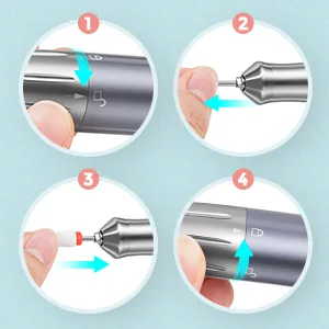 Karite Professional Cordless Electric Nail Drill 35000 RPM Polisher for File - black - SIMPLE STEPS OF CHANGING ACCESSORIES