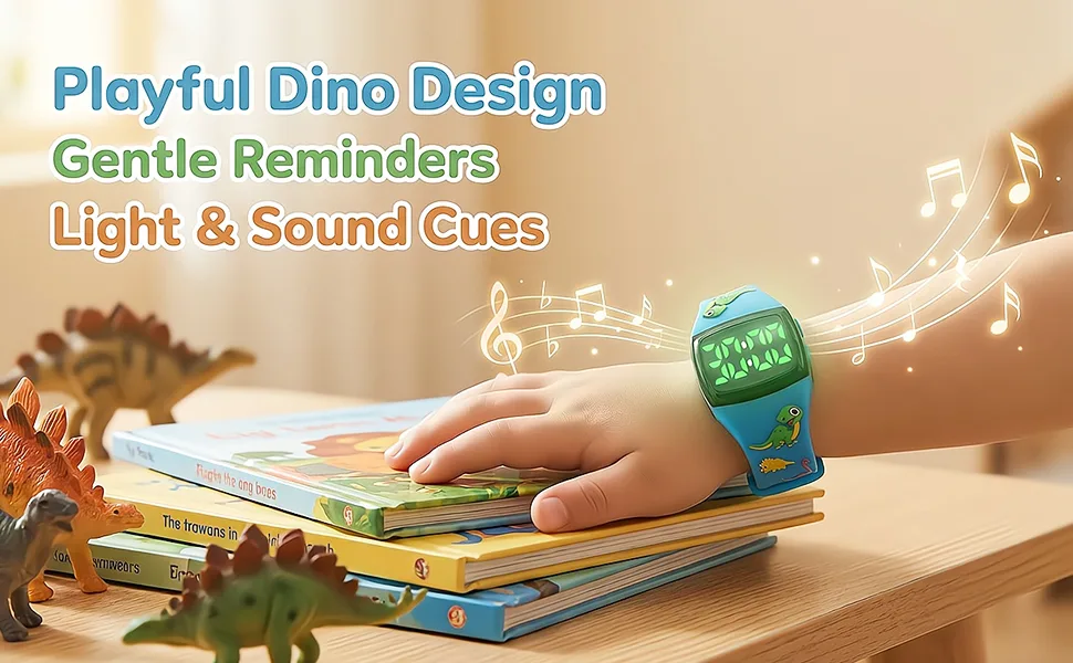 SKYROKU Potty Training Watch for Toddlers With Soft Silicone Strap Cute Apple-Shaped Design with 3 Timing Modes 30-90min  Music & Flash Reminders Splash-Proof - Blue - The dinosaur design makes them want to