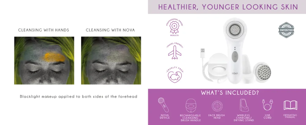 Spa Sciences NOVA - Patented Sonic Facial Cleansing Brush & Exfoliating System (Not a Spin Brush) - All Skin Types - 3 Speeds - Waterproof - USB Rechargeable w/Charging Base - nova
