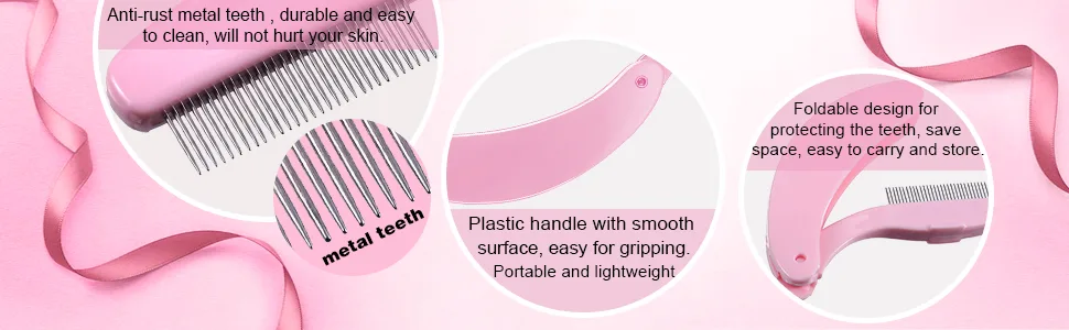 TecUnite Folding Eyelash Comb  Stainless Eyebrow Comb Eyelash and Brow Makeup Brush (3 Black and 3 Pink) - product information 2