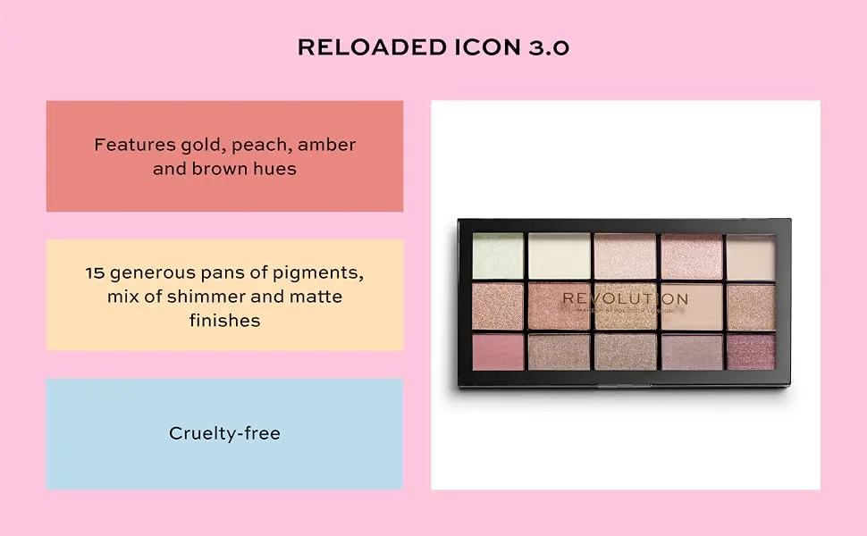 Makeup Revolution Reloaded Palette  Makeup Eyeshadow Palette  Includes 15 Shades  Lasts All Day Long  Cruelty Free  Iconic 3.0  16.5g - Revolution beauty reloaded icon 3.0 eyeshadow palette cruelty free makeup