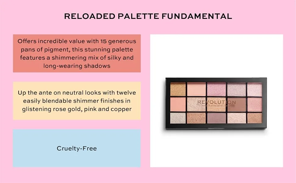 Makeup Revolution Reloaded Palette  Makeup Eyeshadow Palette  Includes 15 Shades  Lasts All Day Long  Cruelty Free  Fundamental  16.5g Multicolor - Reloaded Fundamental