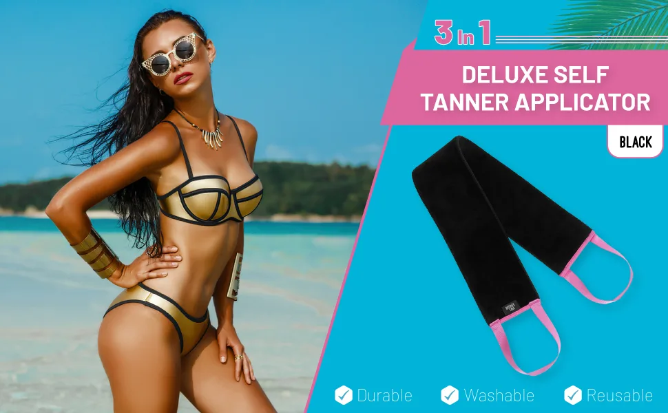 Bronze Tan Self Tanner Back Applicator - Tanning Mitt For Sunless Tanning Mousse or Lotion - Tan your Back Quickly and Easily - Self Tanning Back Applicator - Black with Pink Handles - Bronze Tan, 3 In 1 Self Tanner Applicator, 2 Attached Self Tanning Mitt, Self Tanner Applicator