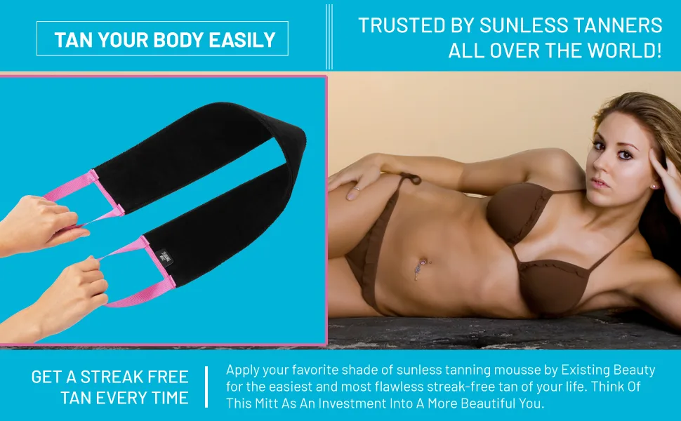 Bronze Tan Self Tanner Back Applicator - Tanning Mitt For Sunless Tanning Mousse or Lotion - Tan your Back Quickly and Easily - Self Tanning Back Applicator - Black with Pink Handles - Bronze Tan, 3 In 1 Self Tanner Applicator, 2 Attached Self Tanning Mitt, Self Tanner Applicator