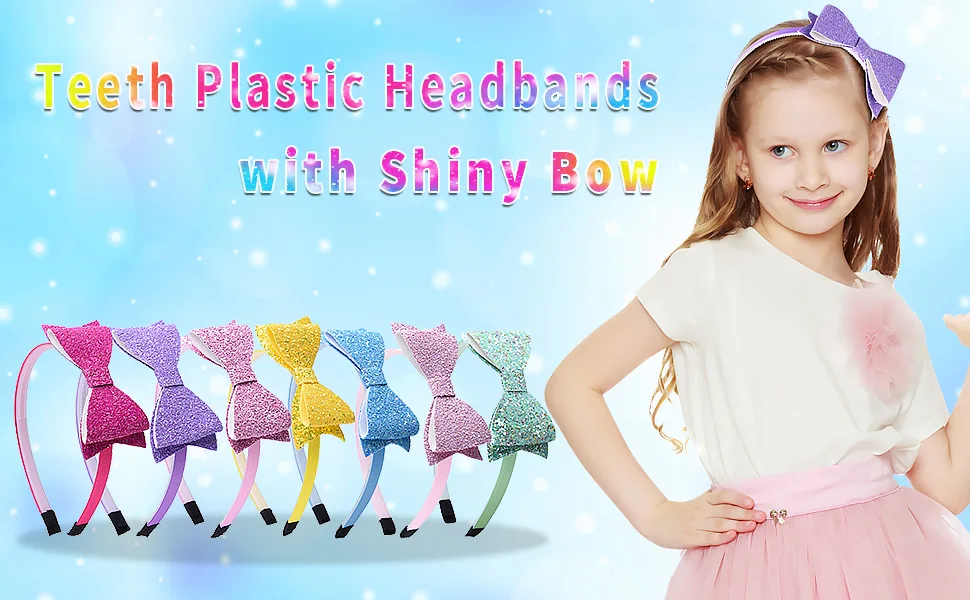 SIQUK 14 Pieces Glitter Bow Headband Teeth Plastic Headbands with Shiny Bow Headbands for Girls(Bonus: 1 Pc Storage Bag) - product information 2
