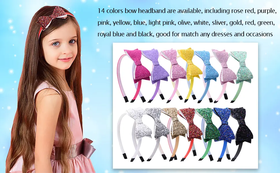 SIQUK 14 Pieces Glitter Bow Headband Teeth Plastic Headbands with Shiny Bow Headbands for Girls(Bonus: 1 Pc Storage Bag) - product information 4