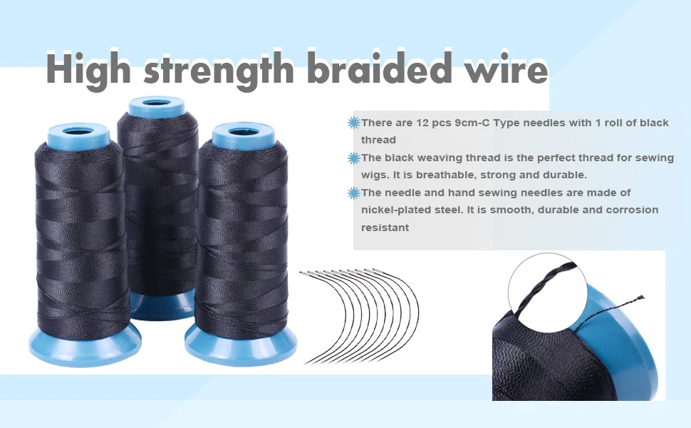 Black Hair Weaving Thread with 12 pcs of 9cm-C Type Needles/Curved hair Needles Hair Extention Accessory Thread for wig making needle - Black Weaving Thread High Strength Polyster Thread
