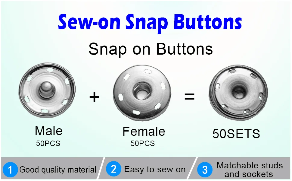 50 Sets Sew-on Snap Buttons  Metal Snaps Fasteners Press Studs Buttons for Sewing Clothing  3/4 19mm(Silver) - Snap fasteners sets