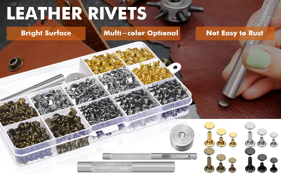 Selizo 480 Sets 4 Colors 3 Sizes Leather Rivets Double Cap Rivet Tubular Metal Studs with 3 Pieces Setting Tool Kit for Leather Craft Repairs Decoration - Leather Rivets