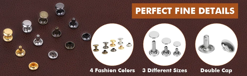 Selizo 480 Sets 4 Colors 3 Sizes Leather Rivets Double Cap Rivet Tubular Metal Studs with 3 Pieces Setting Tool Kit for Leather Craft Repairs Decoration - Leather Rivets