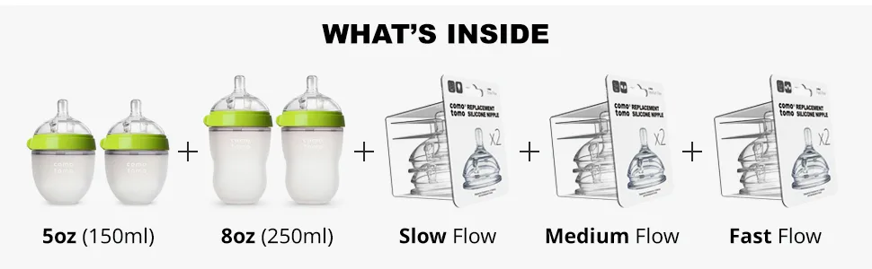 Comotomo Baby Bottle Bundle  Green  (7 Piece Set) - whats inside. 5oz 8oz slow flow medium flow fast flow