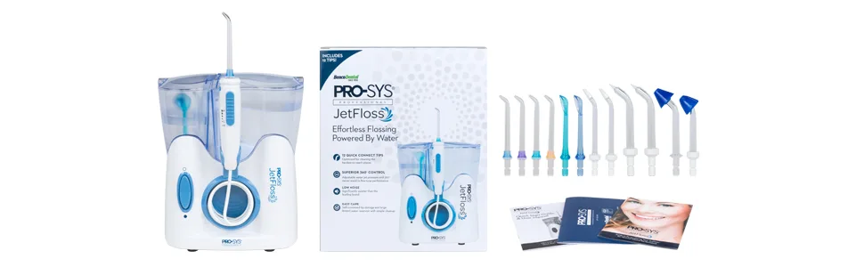 PRO-SYS JetFloss Dental Water Flosser + Tips for Orthodontic Braces  Periodontal & Tongue - Group shot of PRO-SYS JetFloss and contents including tips, manuals, unit, box.