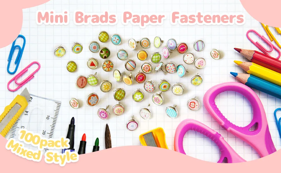 Amosfun 100pcs Mini Brads Metal Scrapbooking brads Paper Fasteners for DIY Crafts 9mm - Mini Brads for Scrapbooking Crafts