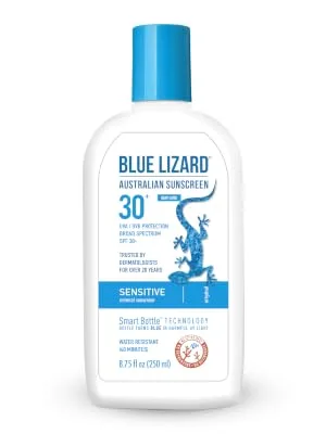 Blue Lizard SENSITIVE Mineral Sunscreen with Zinc Oxide  SPF 30+  Water Resistant  UVA/UVB Protection with Smart Bottle Technology - Fragrance Free  8.75 oz. - sensitive sunscreen