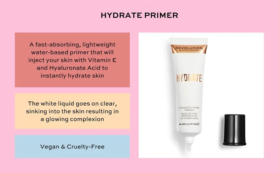 Makeup Revolution Hydrate Primer  Water-Based Primer with Vitamin E & Hyaluronic Acid  Lightweight Formula  Vegan & Cruelty-Free  0.95 Fl Oz - Hydrate Primer