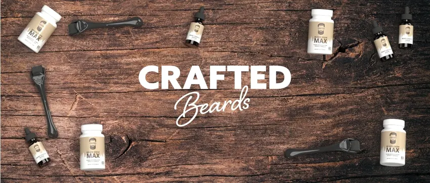 Beard Growth Kit - Hair Growth & Hair Serum - Beard Growth Oil and Beard Roller - Hair Growth for men - Stimulate Beard Growth with our Beard Serum and Growth Roller - Crafted Beards Products on display