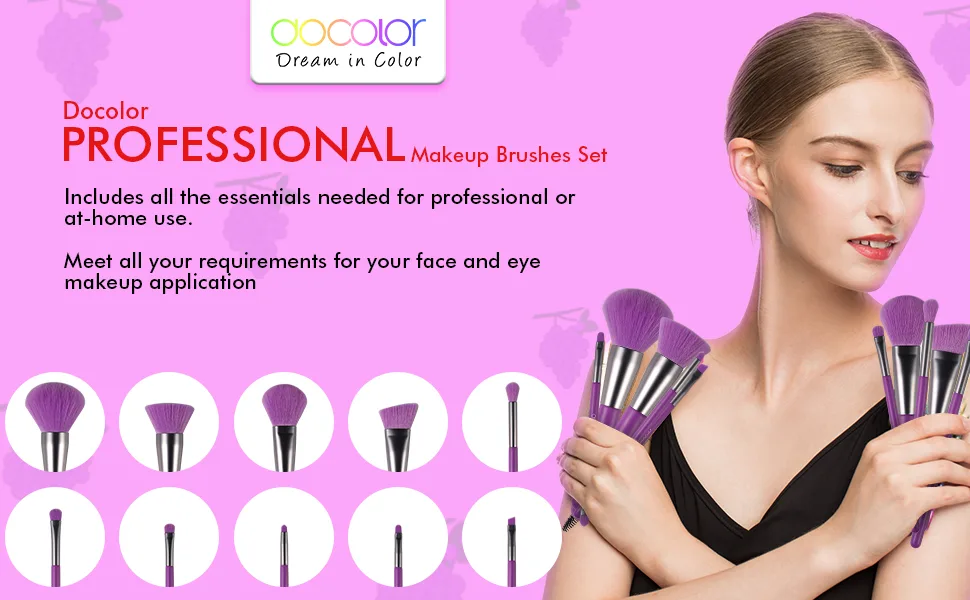Docolor Makeup Brushes 10Pcs Makeup Brush Set Premium Synthetic Powder Kabuki Foundation Contour Blush Concealer Eye Shadow Blending Liner Make Up Brush Kit Neon Purple - makeup brushes