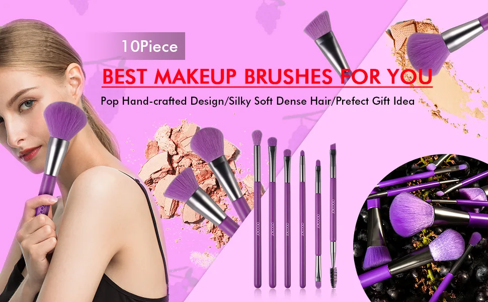Docolor Makeup Brushes 10Pcs Makeup Brush Set Premium Synthetic Powder Kabuki Foundation Contour Blush Concealer Eye Shadow Blending Liner Make Up Brush Kit Neon Purple - makeup brushes