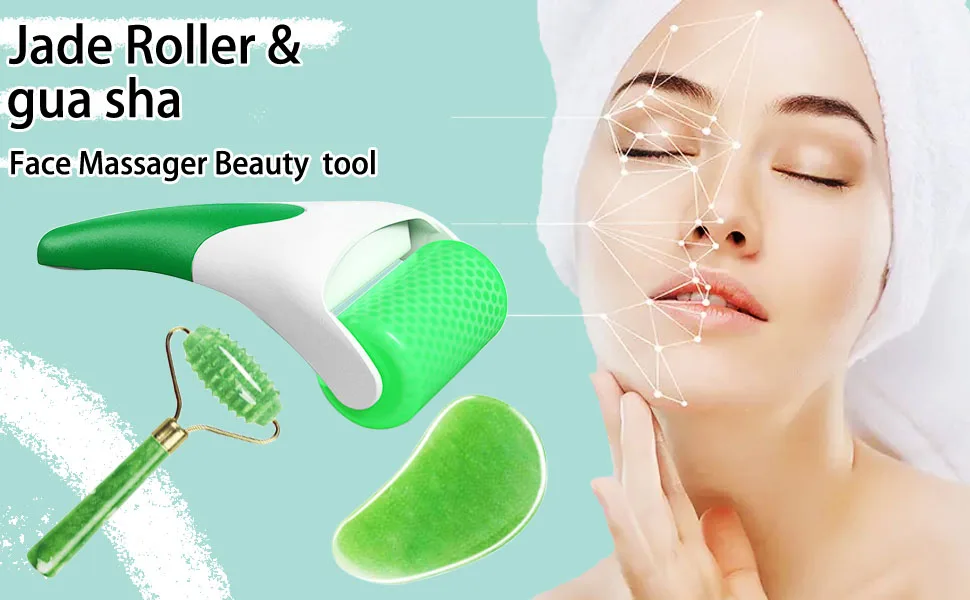 FA FIGHTART 4 in 1 Jade Gua Sha Set Ice Roller Face Rollers Freezer Frozen Cooling Face Massager Massage Tool Green - Jade Roller