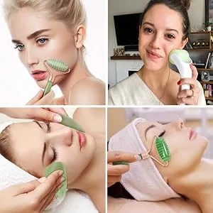 FA FIGHTART 4 in 1 Jade Gua Sha Set Ice Roller Face Rollers Freezer Frozen Cooling Face Massager Massage Tool Green - Jade Roller
