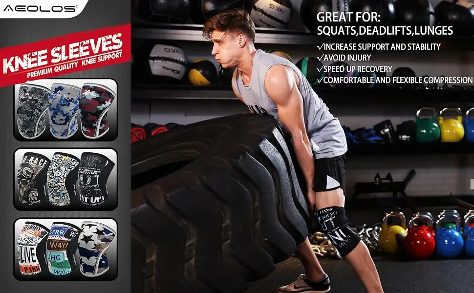 AEOLOS Knee Sleeves (1 Pair) 7mm Compression Knee Braces for Heavy-Lifting Squats Gym and Other Sports Large Black - knee sleeves