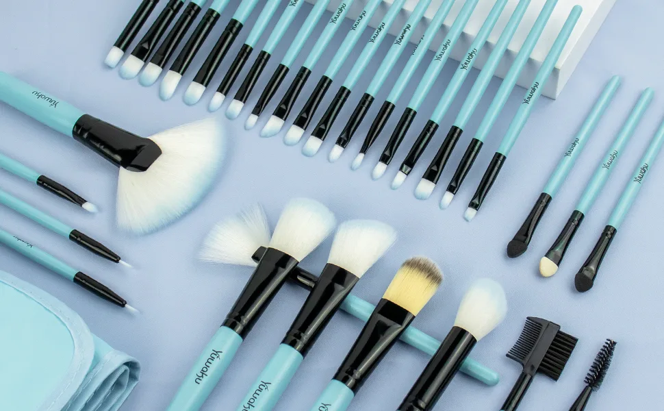 Makeup Brushes Set  32pcs Blue Premium Cosmetic Make Up Brushes Foundation Blending Blush Concealer Shader Eyeshadow Eyeliner Compatible withTravel Makeup Bag - makeup brushes