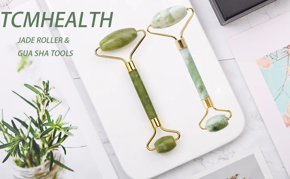 Jade Roller and Gua Sha Face Roller Jade Roller for Face & Gua Sha Set Beauty Facial Massage Roller Anti Winkles - Natural Jade Stone(Dark Green) - TCMHEALTH