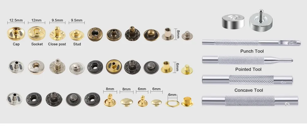 Caydo 400 Set 4 Style Snap Fasteners Kit Including Leather Rivets  Eyelets  Grommets  Binding Screws  Snap Buttons Press Studs kit with Fixing Tools for Thin Leather  Jacket  Jeans Wear - Snap Buttons Press Studs