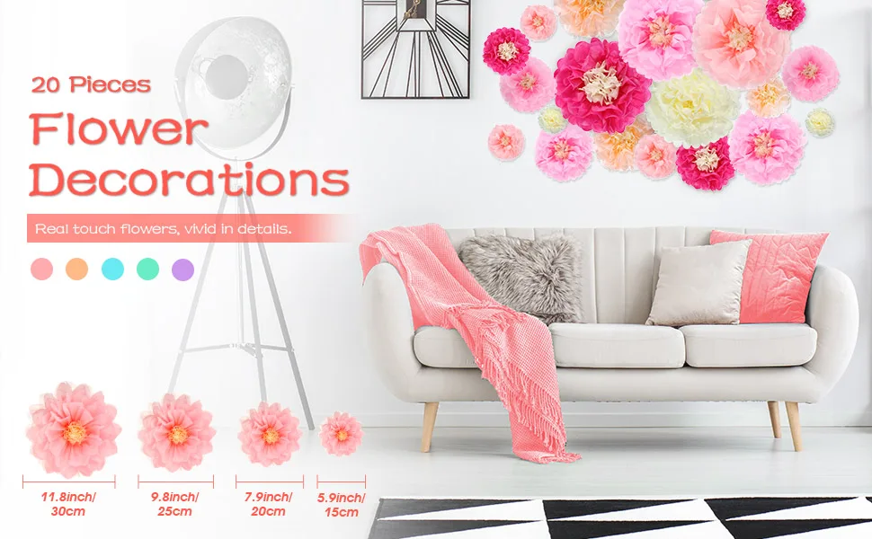 Gejoy 20 Pieces Paper Flower Tissue Paper Chrysanth Flowers DIY Crafting for Wedding Backdrop Nursery Wall Decoration (Color Set 1) - product information 2