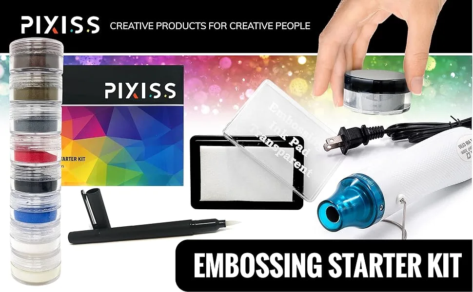 Embossing Kit with Heat Tool Bundle  Embossing Powders  Complete Embossing Starter Kit  Clear Embossing Pen  Embossing Ink Pad  8X 10ml Embossing Powders for Crafts - pixiss