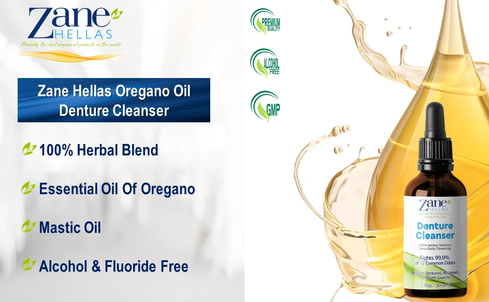 Zane Hellas Denture Cleaner. Oregano Oil Power. Ideal for Dentures  Retainers  Braces  Mouth Guards. Helps Remove Plaque  Tartar  Stains and Bad Odor. 100% Herbal Solution. 1 fl.oz.-30ml. - Denture Cleaner