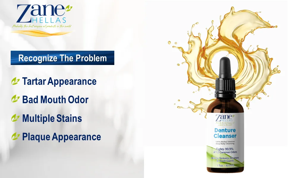 Zane Hellas Denture Cleaner. Oregano Oil Power. Ideal for Dentures  Retainers  Braces  Mouth Guards. Helps Remove Plaque  Tartar  Stains and Bad Odor. 100% Herbal Solution. 1 fl.oz.-30ml. - Denture Cleaner