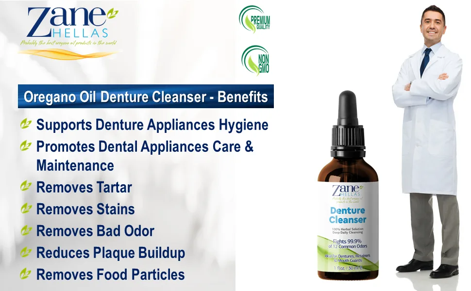 Zane Hellas Denture Cleaner. Oregano Oil Power. Ideal for Dentures  Retainers  Braces  Mouth Guards. Helps Remove Plaque  Tartar  Stains and Bad Odor. 100% Herbal Solution. 1 fl.oz.-30ml. - Denture Cleaner