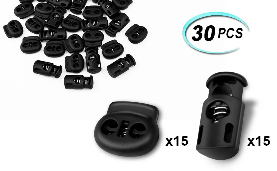 CousDUoBe 30 Pcs Plastic Cord Locks End Spring Stopper Suit for Drawstrings  Bags  Shoelaces  Clothing  More (15 Double-Hole  15 Single-Hole  Black - product information 1