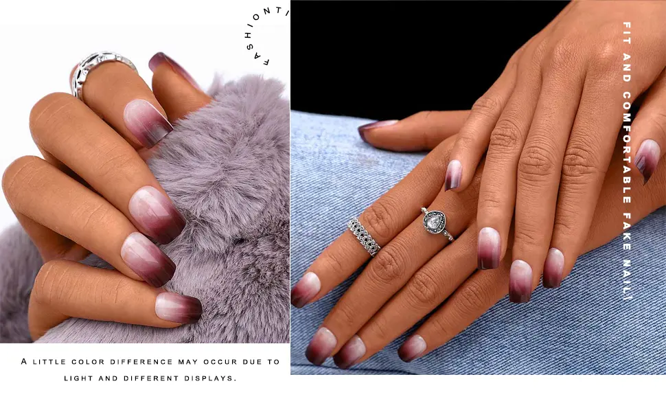 Sethexy Glossy False Nails Chic Gradient Medium Full Cover Acrylic 24Pcs Fake Nails for Women and Girls - Model Show