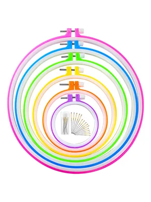 Caydo 6 Pieces Embroidery Hoops and 15 Needles  Plastic Circle Cross Stitch Hoop Ring Embroidery Circle Set  3.4 inch to 10.4 inch (Multicolor) - embroidery hoops