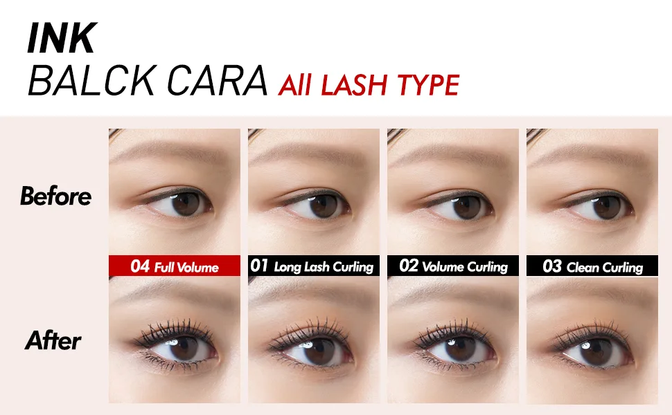 Peripera Ink Black Mascara  Volumizing  Lengthening  Thick  Waterproof  Smudge Proof  Long Lasting  Not Animal Tested  Volume Curling (002)  0.24 fl oz - before & after