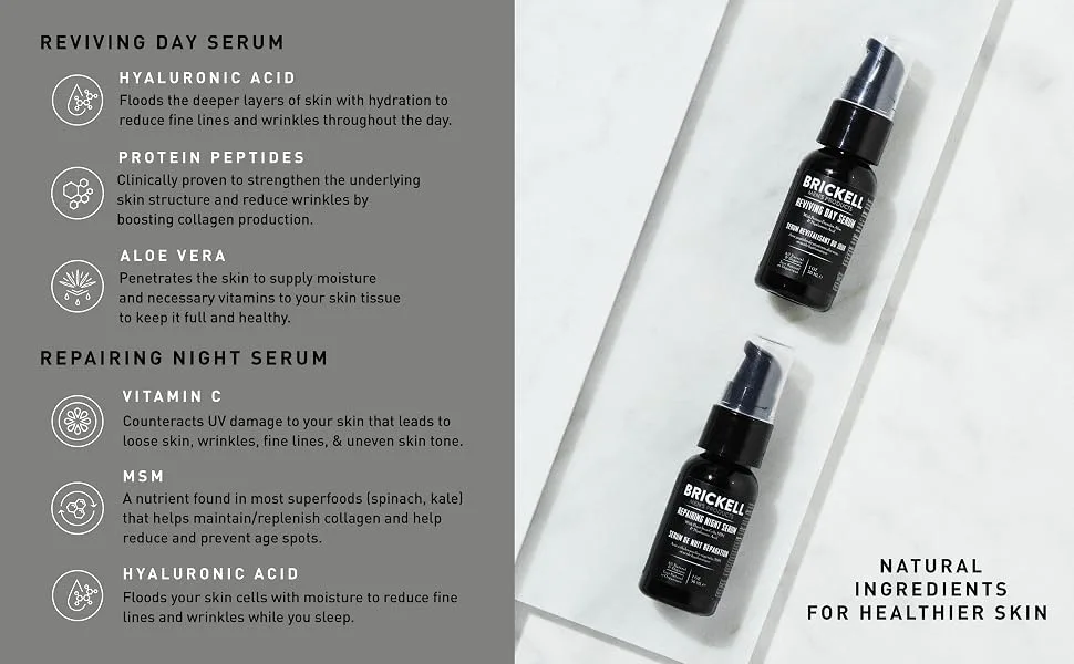 Brickell Men's Day and Night Serum Routine  All Natural and Organic  Unscented - Serum Routine Ingredients, All natural, Hyaluronic Acid, Peptides, Vitamin C, Aloe, MSM