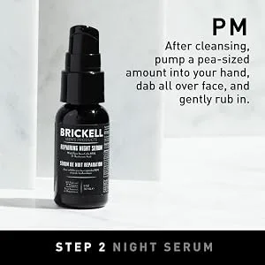 Brickell Men's Day and Night Serum Routine  All Natural and Organic  Unscented - Step 2, Night Serum, Before bed, Pump a pea-sized amount, Dab all over face, Gently rub in