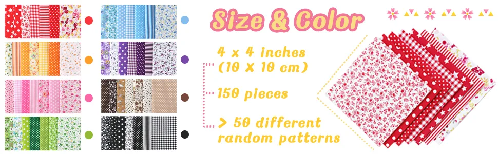 150Pcs 4 x 4 (10cm x 10cm) Cotton Craft Fabric Bundle Squares Squares Sheets Patchwork Pre-Cut Quilt Squares DIY Sewing Quarters Bundle Quilting Fabric Bundles - product information 4